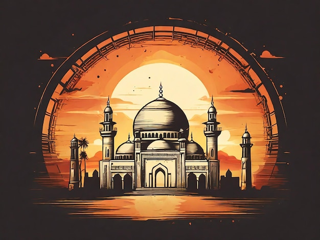 背景に日没を描いたモスクの写真