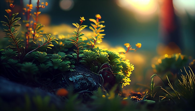 A picture of a mossy rock with a plant growing out of it.