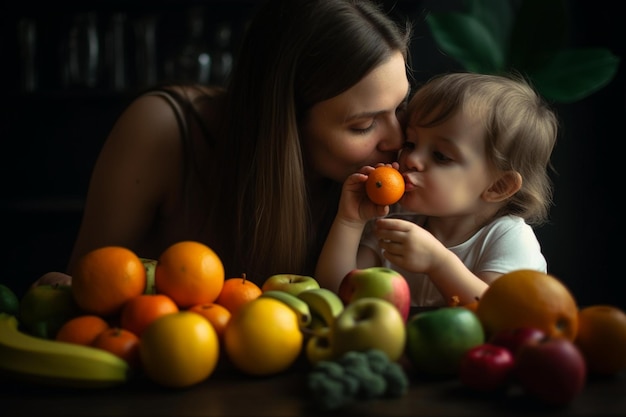 과일과 채소를 먹는 엄마와 아이의 사진 세계 보건의 날 보케 Generative AI