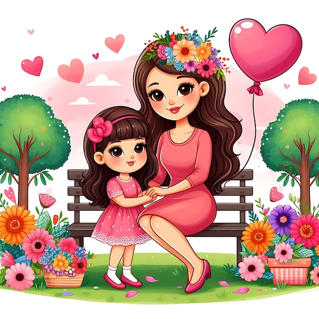 a picture of a mother and daughter with flowers and a girl