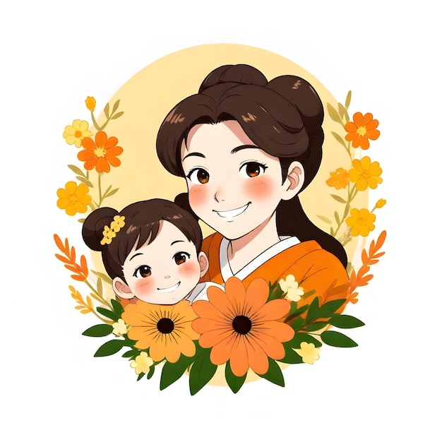 a picture of a mother and her child with a sunflower on the face