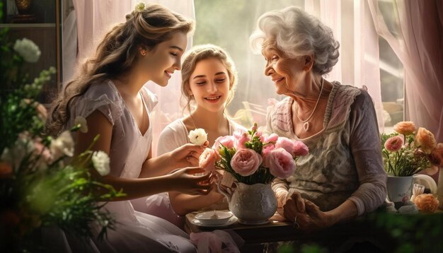фотография матери и ее бабушки с цветами