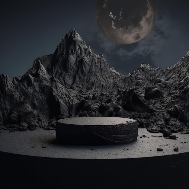 A picture of a mountain and a hockey puck in the foreground.