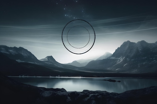 A picture of a mountain landscape with a circle in the middle that says'the word'on it '