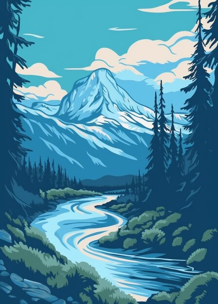 A picture of a mountain scene with a river and trees generative ai