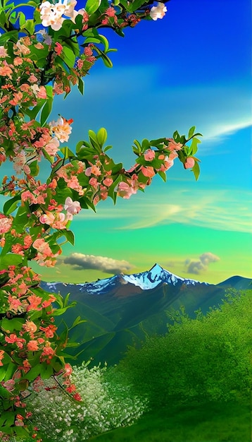 Picture of a mountain with flowers in the foreground generative ai