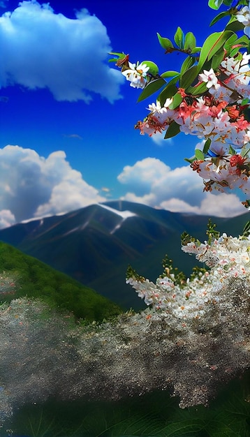 Picture of a mountain with flowers in the foreground generative ai