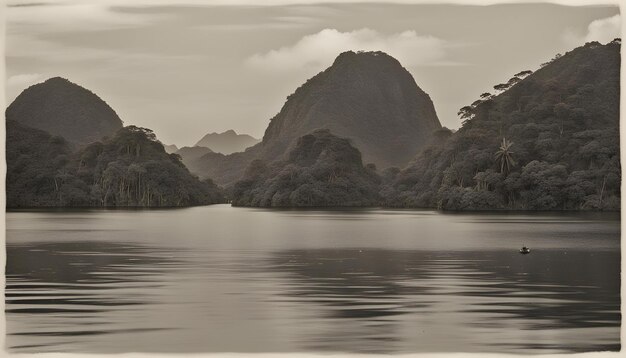 a picture of a mountain with a gray sky and a large rock in the middle