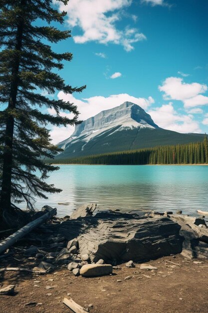 背景に湖がある山の写真