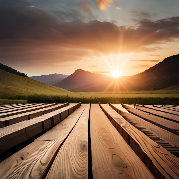 A picture of a mountain with a sunset and a wooden plank.