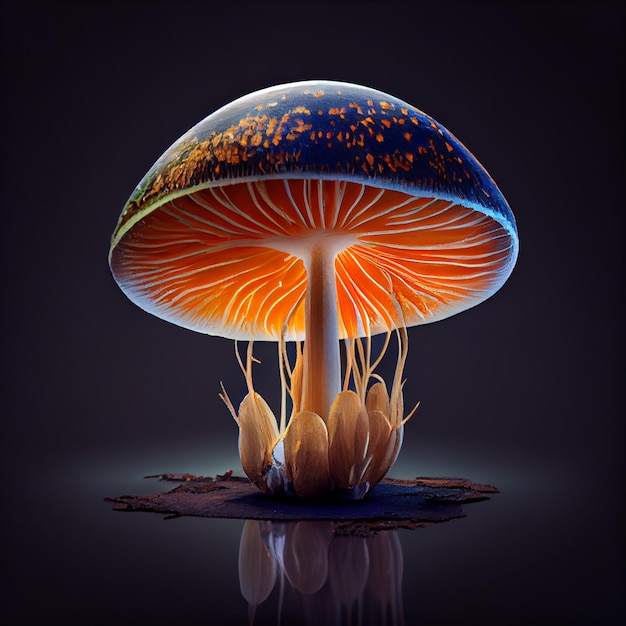 A picture of a mushroom with a blue background and the bottom of the image is a light blue.