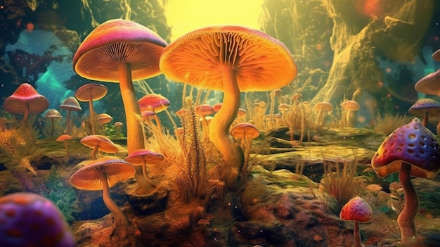 A picture of mushrooms in a cave with the sun shining on it.