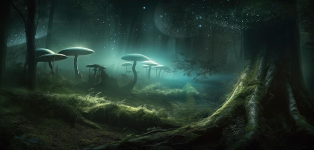 A picture of mushrooms in a dark forest