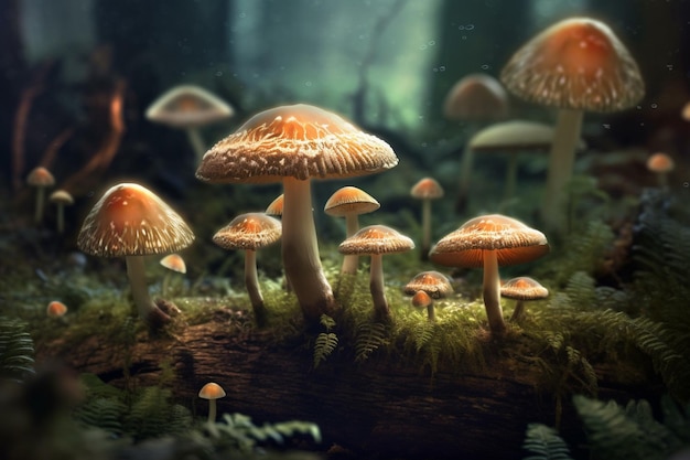 A picture of mushrooms in a forest with a tree stump in the background.