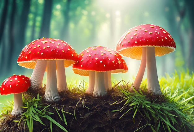 A picture of mushrooms with a green background