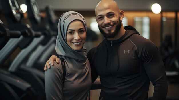 Picture of a Muslim couple working out in gym gear Generative AI