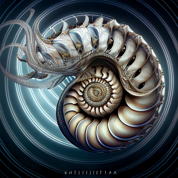 A picture of a nautilus shell with the word fibonacci on it.
