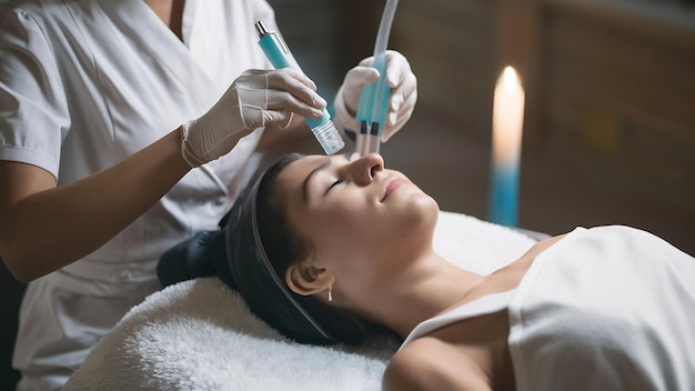 Picture of nice beautician doing oxygen therapy for young woman laying