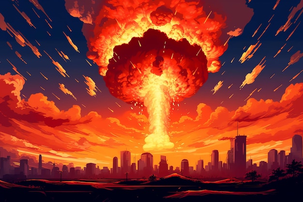 A picture of a nuclear explosion with a city in the background