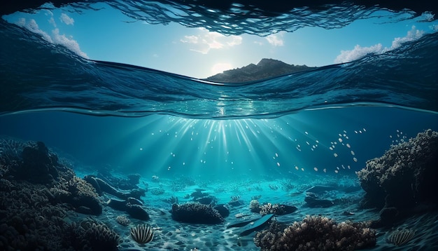 海と水を通して輝く太陽の写真