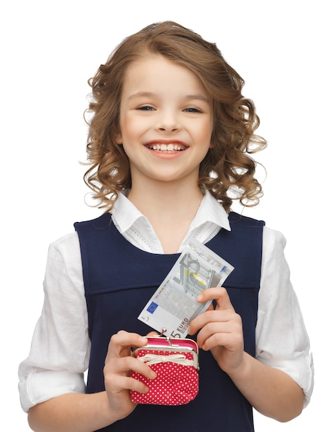 지갑과 지폐를 가진 아름다운 소녀 사진