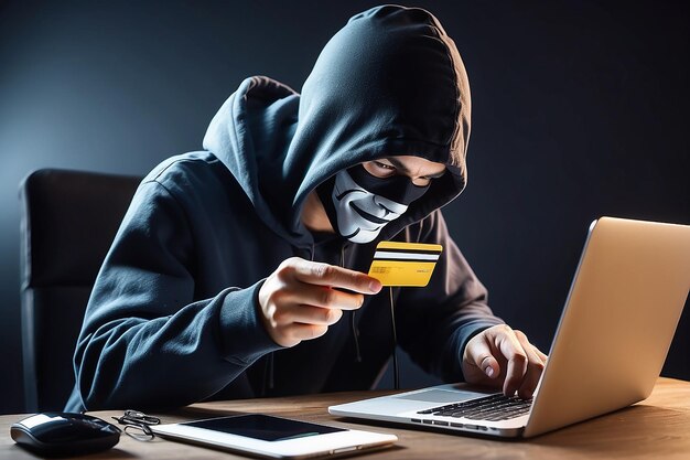 사진 드폰에서 온라인 쇼핑 앱을 해킹하는 동안 신용카드를 친 남성 해커의 사진