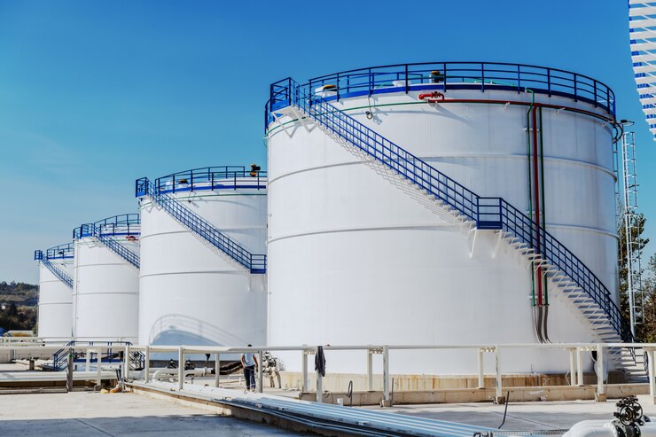 Photo picture of oil tanks at refinery. sunny day.