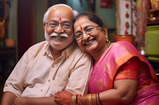 Foto una foto di una vecchia coppia indiana in abiti tradizionali che sorride e sta insieme nella loro vera casa a mumbai