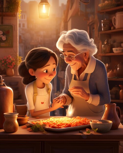 Photo a picture of an old woman and an old woman cooking with a pizza