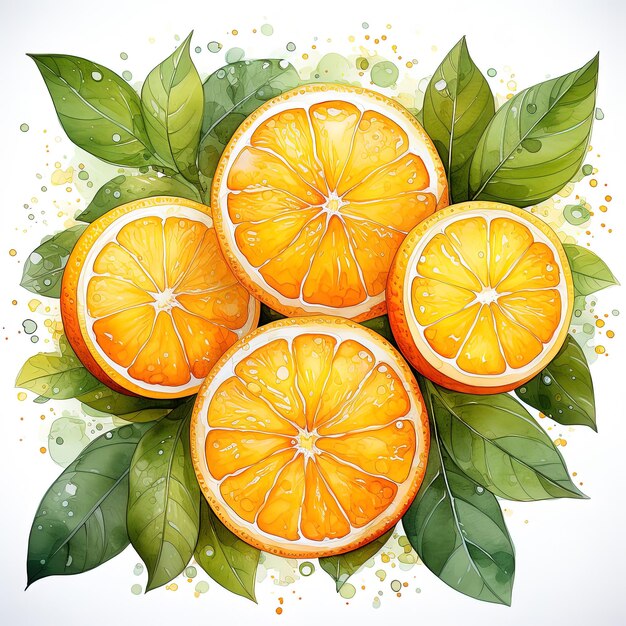 a picture of oranges and green leaves with a white background