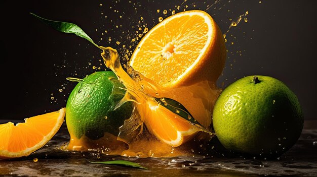 A picture of oranges and limes being poured into a glass.