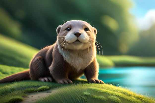 A picture of a otter on a grassy hill.