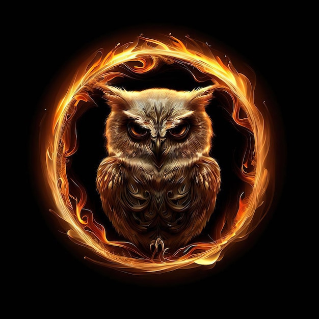 A picture of a owl in a ring of fire with the words " the owl " on it.