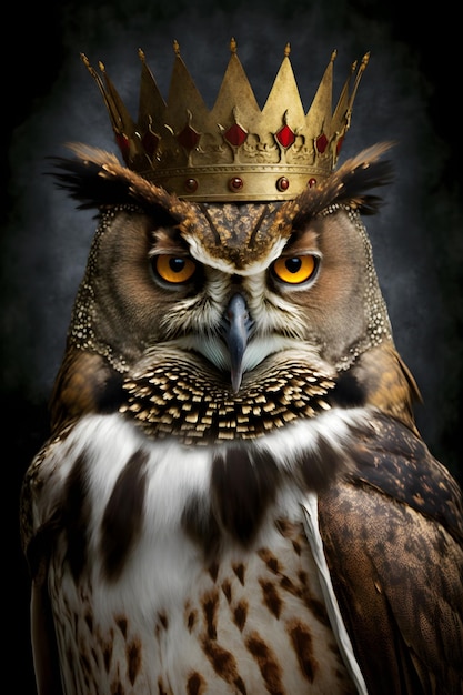 A picture of a owl wearing a gold crown.