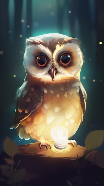 A picture of a owl with big eyes and a lightbulb on its head