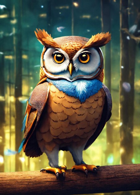 a picture of an owl with a blue ribbon around its neck