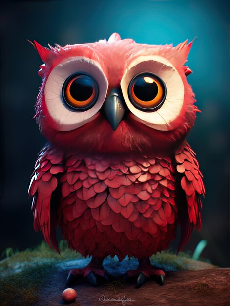 a picture of an owl with a red and yellow eyes