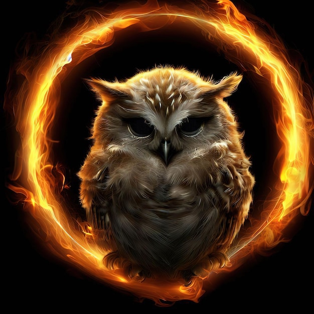 A picture of a owl with a ring of fire around it