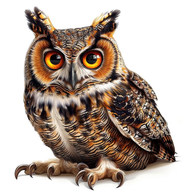 a picture of an owl with yellow eyes and brown feathers