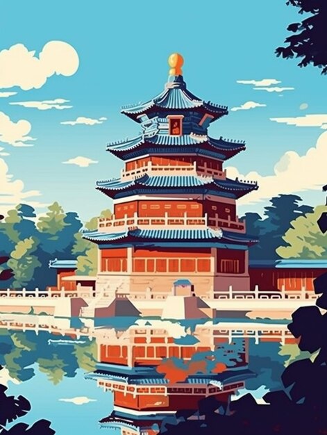 A picture of a painting of a pagoda in a park generative ai