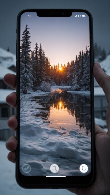 Photo a picture of a painting on a phone being uploaded to an instagram story in a cold room outside