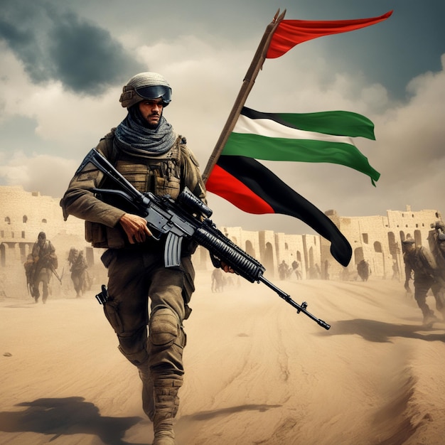 パレスチナ兵士とパレスチナ国旗の写真