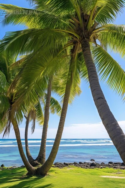 a picture of palm trees with the ocean in the background