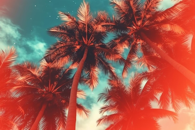 A picture of palm trees with the sky in the background