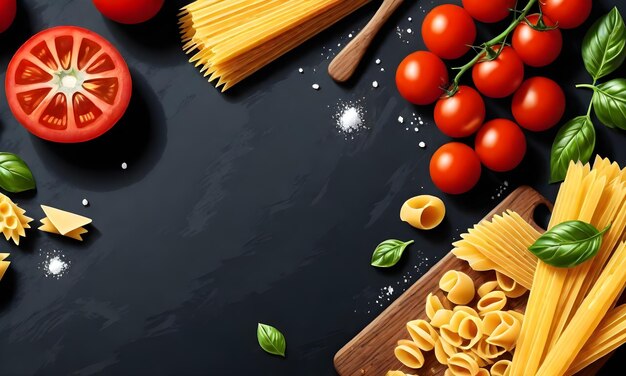 a picture of pasta and tomatoes on a black table