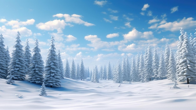 Picture a peaceful forest scene with snowdraped evergreen trees and a clear blue sky
