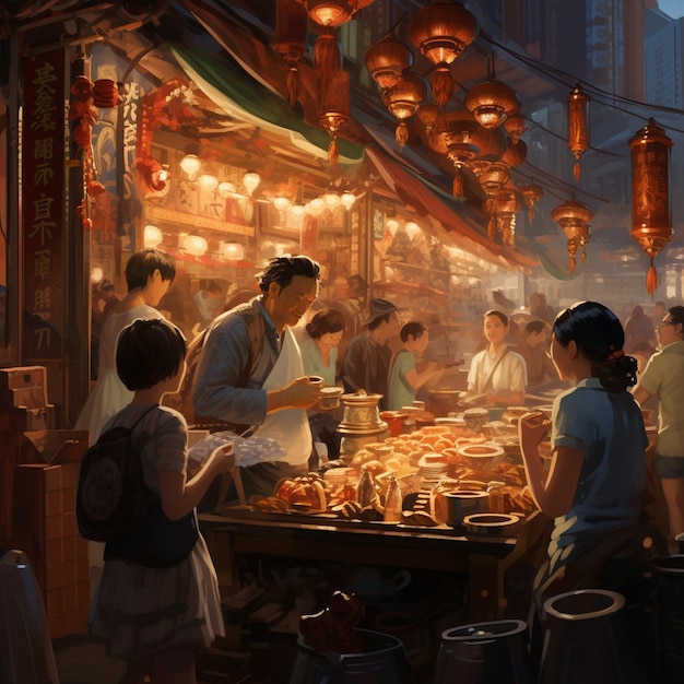 a picture of people cooking food in a chinese market.