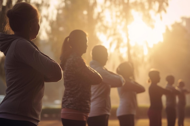 Picture of people exercising outdoors World health day bokeh Generative AI