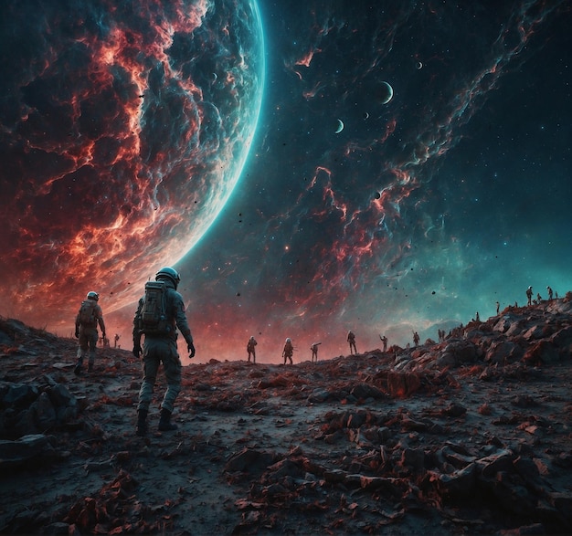 a picture of people on the planet with a planet in the background