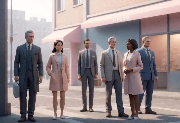 Foto una foto di persone in piedi di fronte a un edificio con un uomo che indossa un vestito e una cravatta